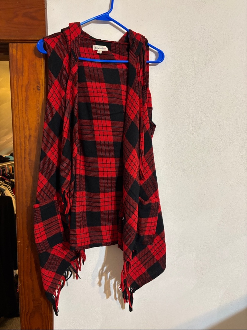 Rewind Red & Black Plaid Hooded Fringe Poncho Vest
